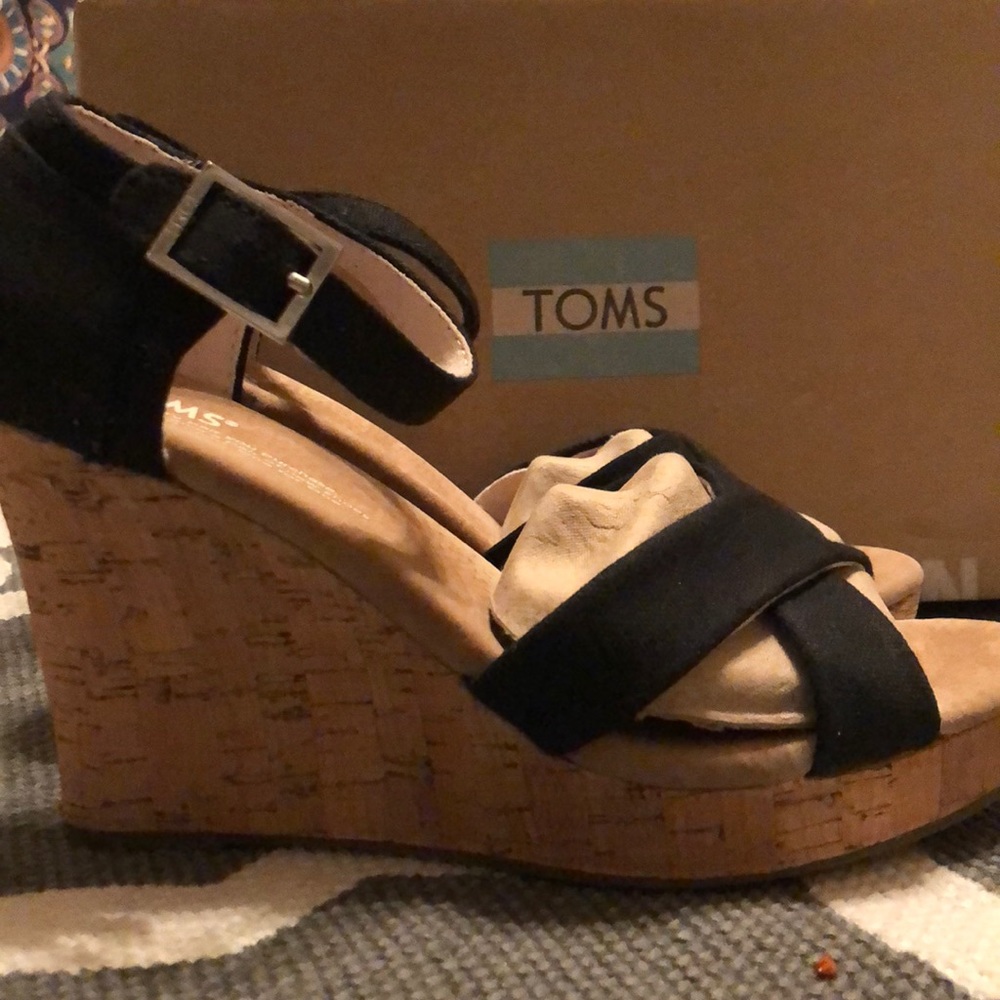 Strappy wedge black canvas cork shoes